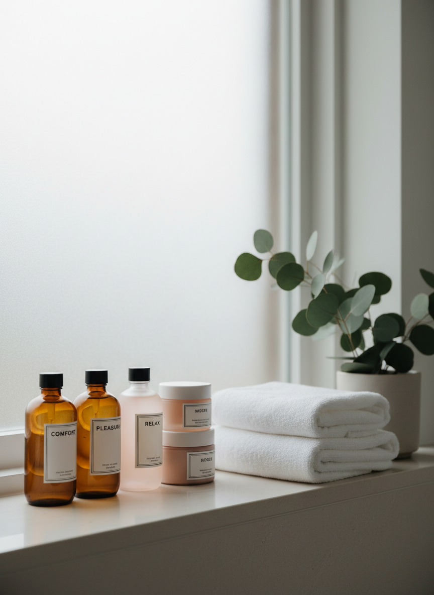 A tastefully styled bathroom shelf featuring a row of discreet, unbranded bottles and jars in muted tones of amber, frosted glass, and soft blush, labeled with simple words like “Comfort,” “Pleasure,” and “Relax.” The containers rest on a smooth, light stone surface beside a folded, plush white towel and a small potted eucalyptus plant. Soft, diffused overcast daylight enters from a frosted window, bathing the scene in gentle, even light that enhances the textures of glass, fabric, and leaves. Captured at eye level with a slight side angle, the photographic composition is clean and spa-like, conveying a professional, reassuring approach to sexual wellness products without being explicit.