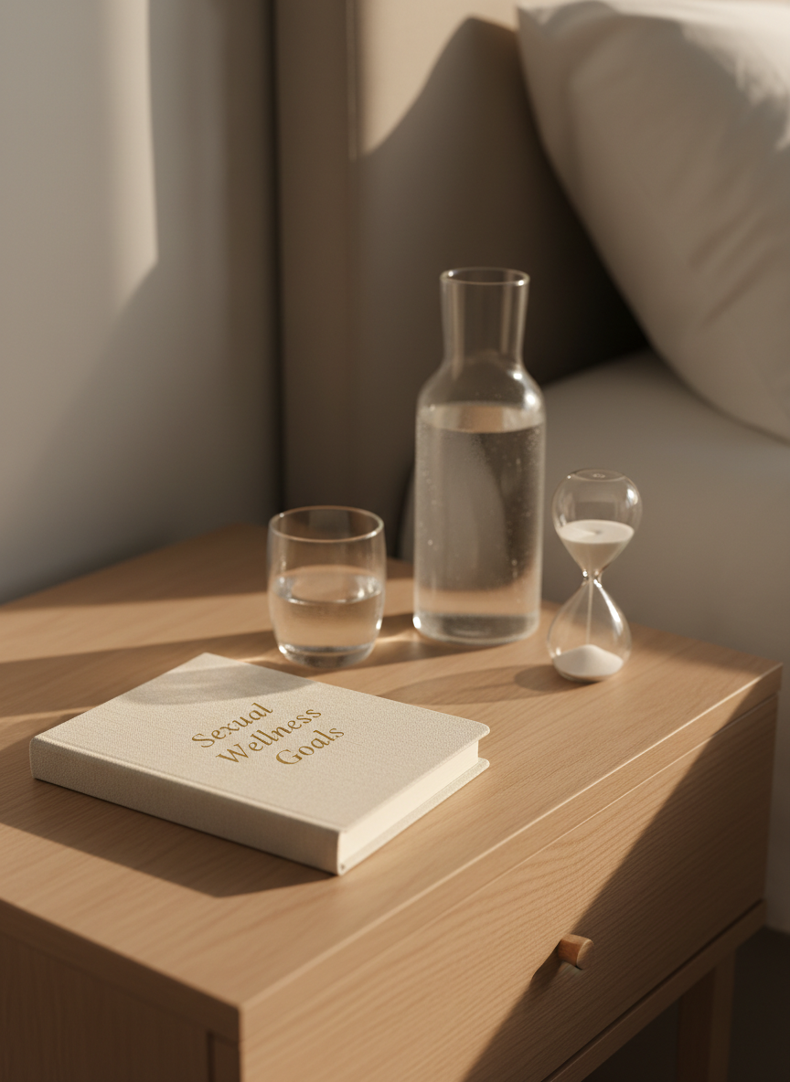 A neatly arranged bedside table featuring a closed, elegant linen-bound journal titled “Sexual Wellness Goals” beside a sleek frosted-glass carafe of water and a small, minimalist sand timer. The table is a smooth light-oak surface against a softly blurred background of neutral-toned bedding and a simple headboard. Warm evening lamplight from an unseen bedside lamp casts gentle, elongated shadows and subtle highlights on the glass and wood, creating a calm, reflective atmosphere. Photographed at eye level with a shallow depth of field, the composition feels intimate and professional, with clean photographic realism and a modern, uncluttered aesthetic that suggests thoughtful, intentional sexual self-care without showing any people.