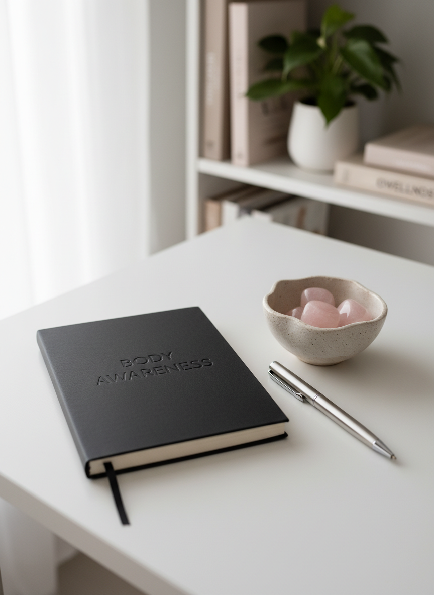A close-up of a refined, matte-black notebook embossed with the words “Body Awareness” resting on a smooth white desk, accompanied by a slim silver pen and a small, sculptural ceramic bowl filled with polished rose quartz stones. Behind them, a softly blurred bookshelf displays neutral-toned wellness books and a single green plant. Soft morning daylight filters through an off-camera window, creating diffused, natural illumination with delicate reflections on the pen and subtle shadows beneath the objects. Shot from a slightly elevated angle, the photographic image feels professional, calm, and informative, evoking the idea of learning and reflection about sexual wellness in a discrete, tasteful, and modern environment.