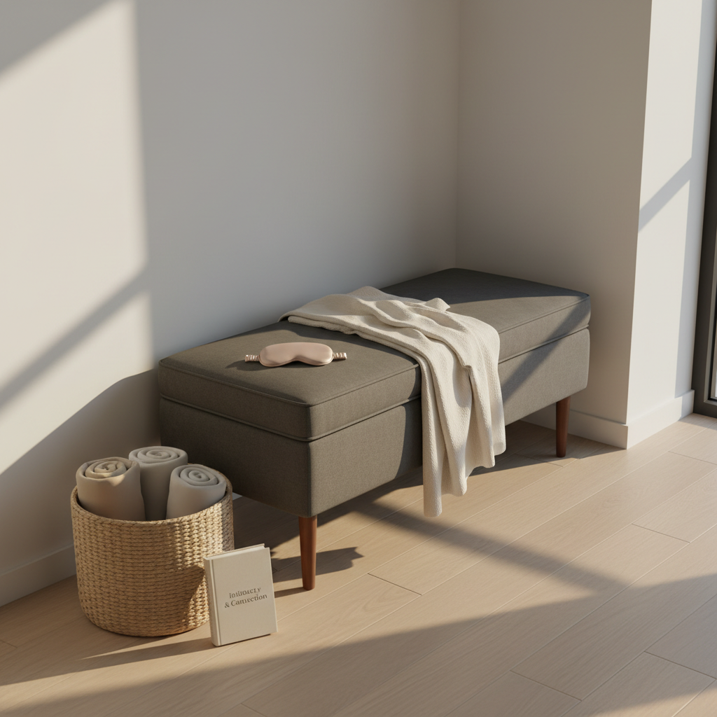 A modern, minimalist bedroom corner featuring an upholstered, charcoal-gray bench with a neatly folded, soft cream throw blanket and a closed, pale-pink silk eye mask resting on top. On the floor beside the bench lies a simple woven basket containing rolled, neutral-toned blankets and a small, hardcover book titled “Intimacy & Connection.” Warm, low golden-hour sunlight streams in from a nearby window, casting long, soft shadows and highlighting the textures of fabric and wood flooring. Photographed from a slightly elevated, three-quarter angle with a moderate depth of field, the photographic scene feels serene, private, and inviting, suggesting a safe, professional space for exploring greater sexual potential in a tasteful, non-explicit way.